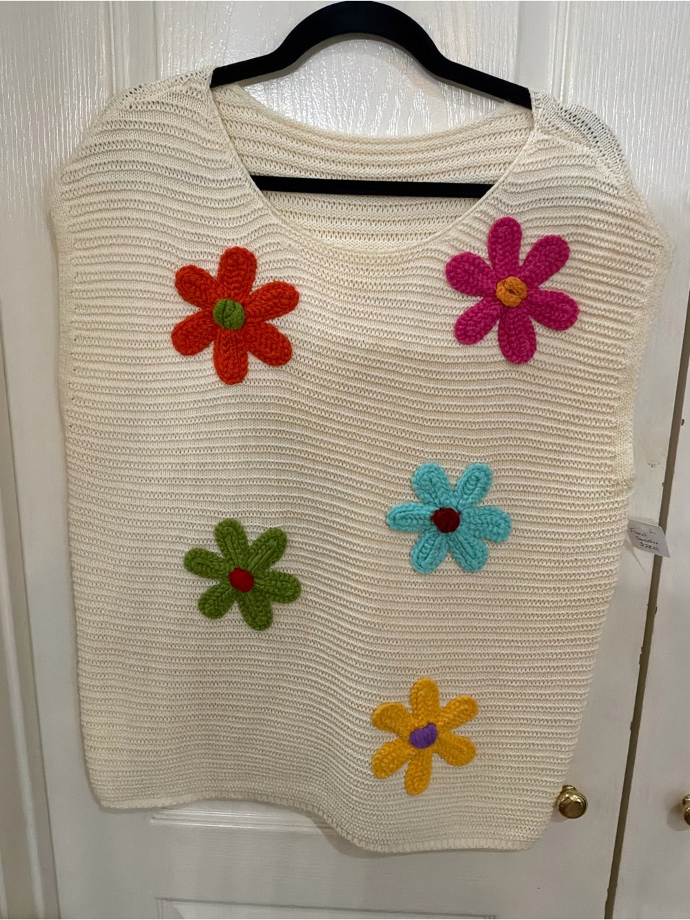 Cream Crewneck Sweater Vest with Colorful Floral Appliqués